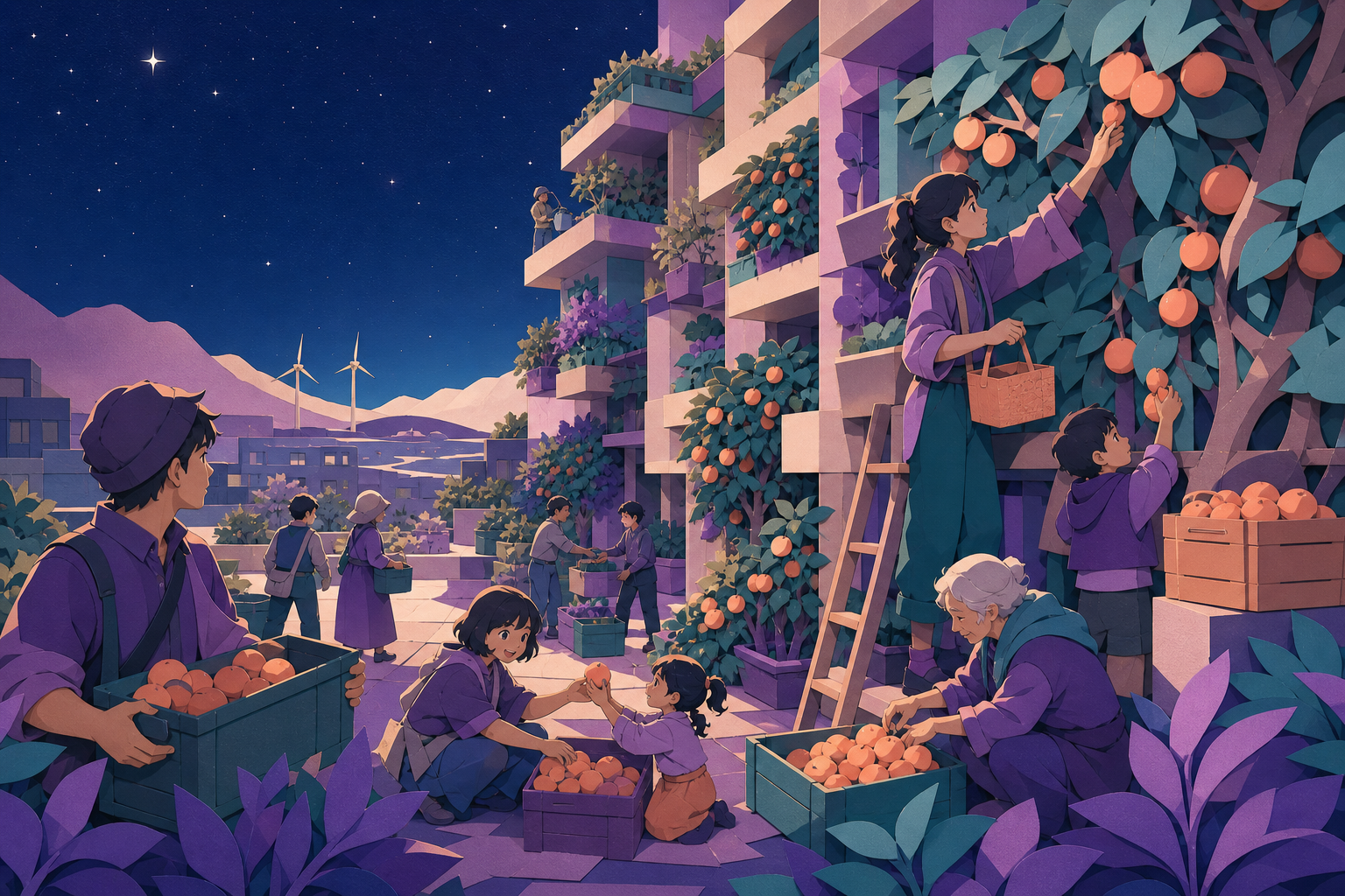 Neighbors harvesting fruit from a vertical apartment orchard, during collaborative everyday work in a hopeful future. Wide courtyard ensemble organized around one shared activity. Apricot, orchid purple, pool turquoise, 