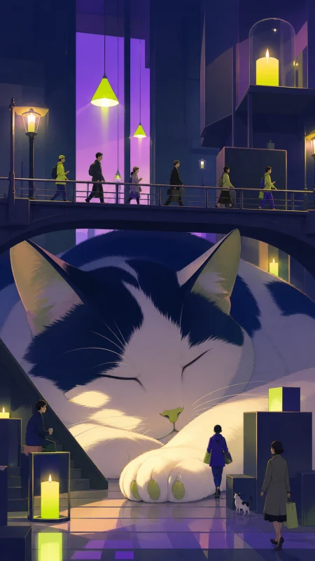 Commuters crossing a bridge over an enormous sleeping house cat, with people carrying on ordinary routines despite the impossible scale. Low viewpoint making the familiar object fe