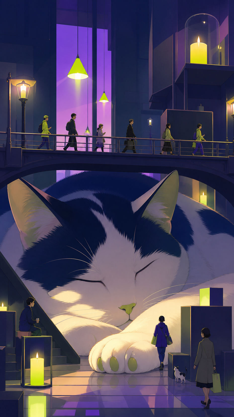 Commuters crossing a bridge over an enormous sleeping house cat, with people carrying on ordinary routines despite the impossible scale. Low viewpoint making the familiar object feel monumental. Acid lime, ultraviolet, m