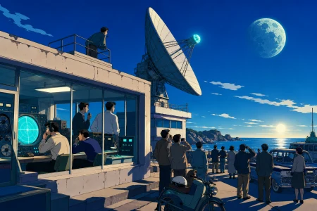 A 1960s coastal research office receiving the first message from beneath the moon, grounded in everyday work and convincing period behavior. Wide period street scene centered on th