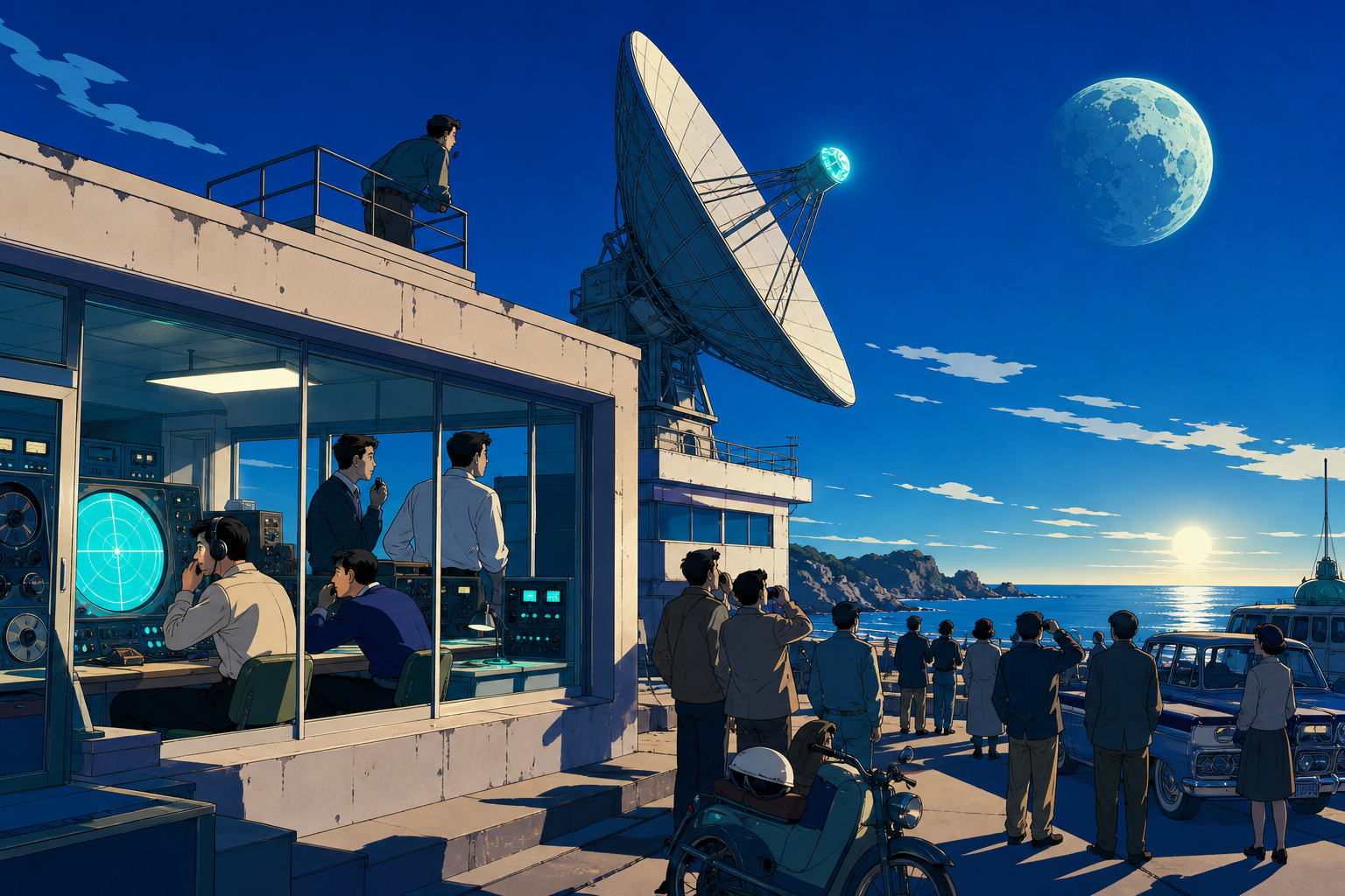 A 1960s coastal research office receiving the first message from beneath the moon, grounded in everyday work and convincing period behavior. Wide period street scene centered on the alternate technology in use. Ultramari