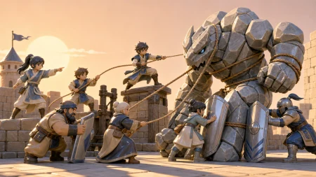 City defenders using shields, ropes, and clever teamwork against a stone beast, at the moment separate actions connect into one clear plan. Wide ensemble action tableau with each r