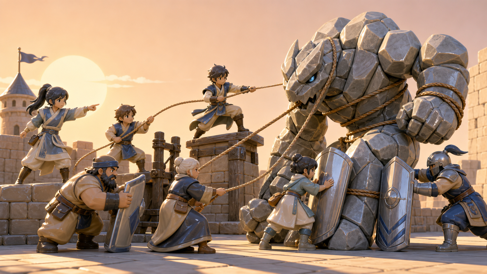 City defenders using shields, ropes, and clever teamwork against a stone beast, at the moment separate actions connect into one clear plan. Wide ensemble action tableau with each role readable independently. Sun-bleached