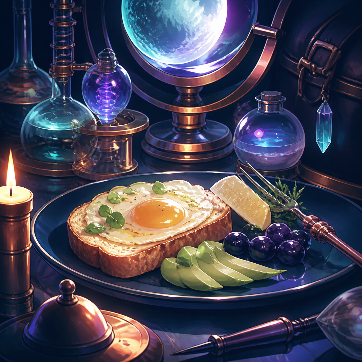 A traveling alchemist's breakfast arranged among curious glass instruments, presented moments before someone takes the first bite. Intimate close-up with shallow depth and layered foreground details. Moonlit indigo, oxid