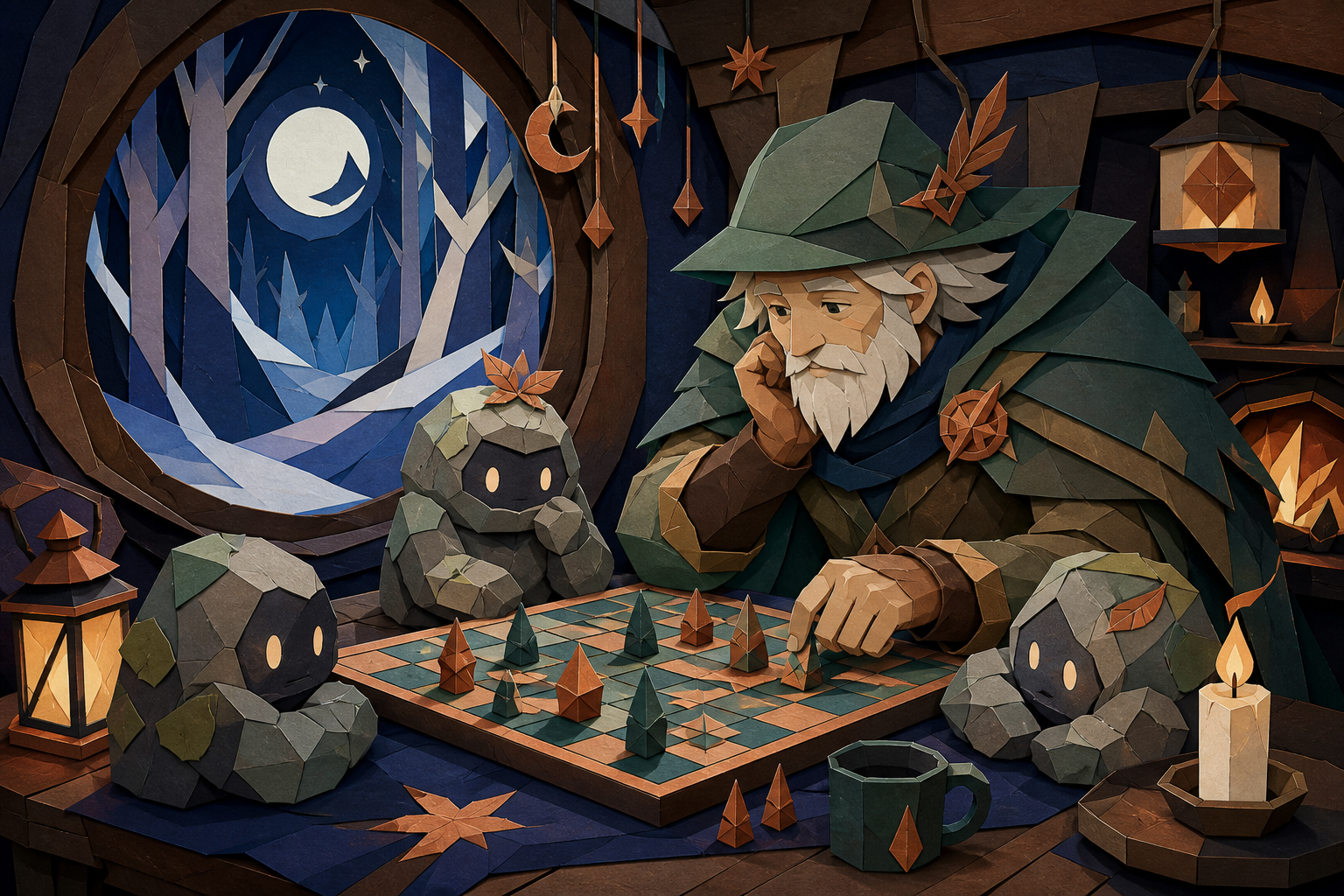 An elderly ranger playing board games with small stone beings, during a warm ordinary interaction rather than a dramatic quest. Eye-level storybook frame centered on the unlikely friendship. Moonlit indigo, oxidized copp