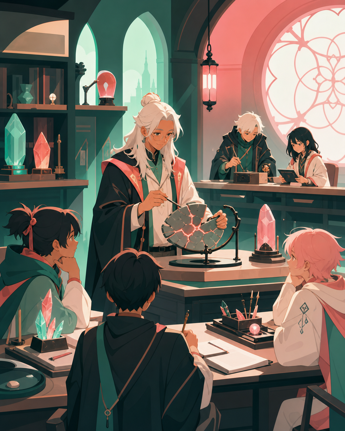 A professor demonstrating ethical spell repair in a practical workshop, shown through practical academic work rather than ceremonial magic. Wide classroom tableau centered on one demonstration. Celadon, coral pink, ink b