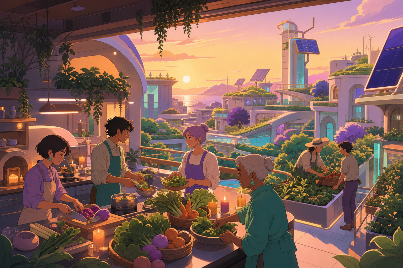 A community kitchen preparing a meal from rooftop gardens, during collaborative everyday work in a hopeful future. Elevated neighborhood view showing connected sustainable systems. Apricot, orchid purple, pool turquoise,