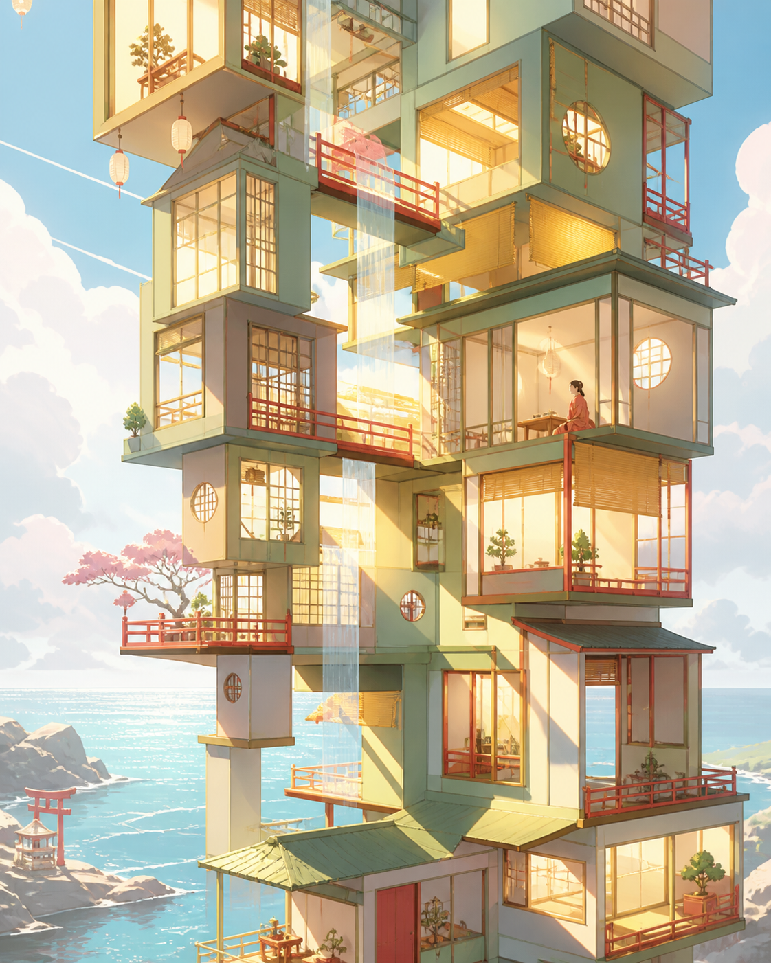 A seaside apartment tower assembled from stacked traditional tea houses, as sunlight passes through it in physically impossible directions. Dramatic vertical composition emphasizing scale and impossible geometry. Soft pi