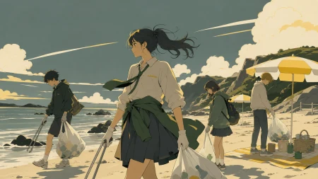 School friends cleaning a small beach before their picnic, on a windy day with broad simple movement through clothing and water. Wide coastal frame with people distributed along a 