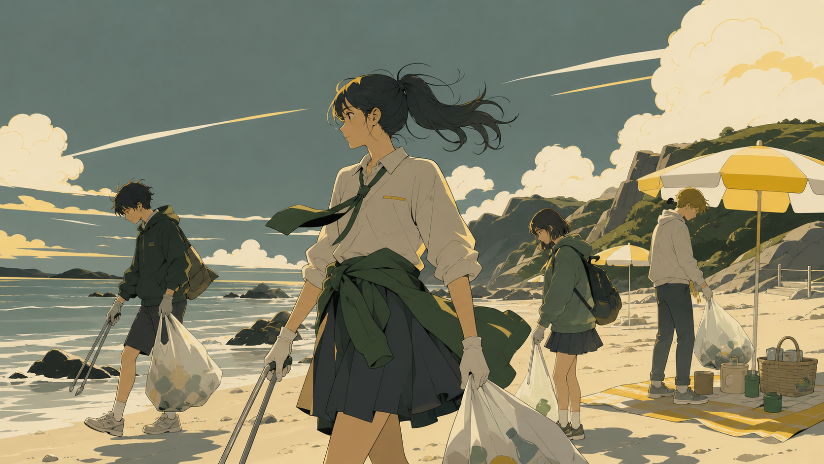 School friends cleaning a small beach before their picnic, on a windy day with broad simple movement through clothing and water. Wide coastal frame with people distributed along a clear shoreline. Moss green, slate gray,