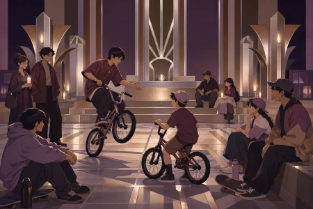 A BMX rider teaching neighborhood children a simple balance trick, as passersby form an informal audience. Ensemble composition linking several different activities across the plaz