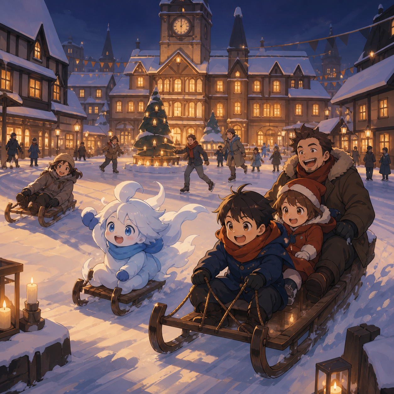 A chibi snow spirit joining a family sled race, after fresh snowfall simplifies the town into broad clean shapes. Wide town-square ensemble with several connected winter activities. Amber, walnut brown, rain blue, and ti