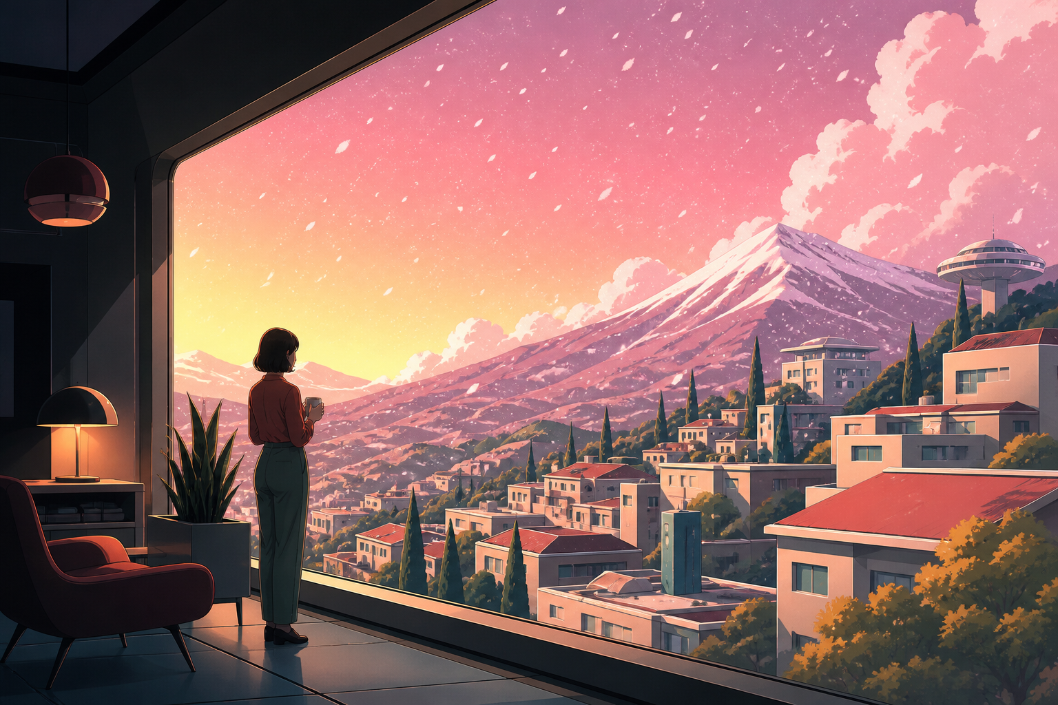 A hillside town waking beneath the first impossible pink snowfall, at the transition between two kinds of weather. Tranquil landscape panorama with a strong foreground-to-distance rhythm. Clay red, sage, faded denim, and