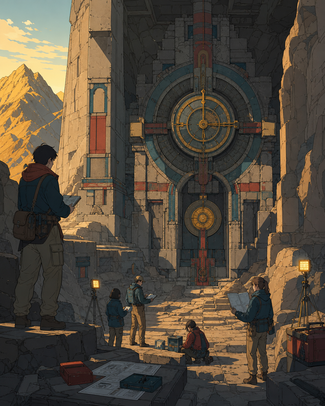 A mountain excavation revealing a ceremonial machine still keeping time, with the team quietly comparing evidence around one central discovery. Vertical chamber composition with people placed clearly for scale. Petrol bl