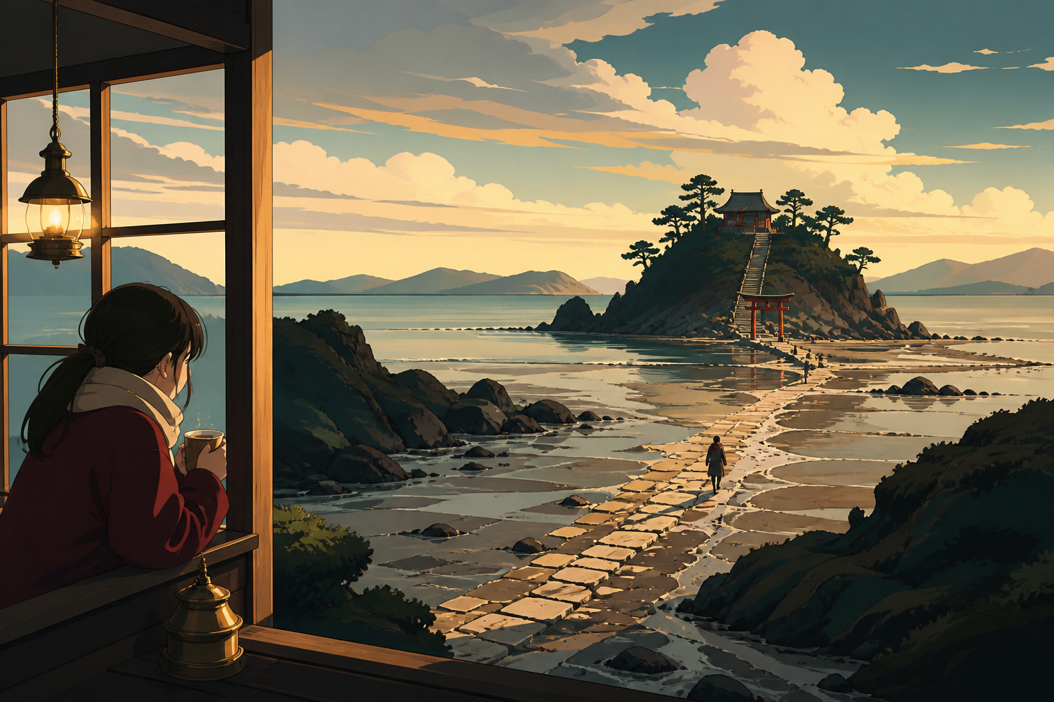 A coastal shrine path uncovered only during the lowest winter tide, with sparse human activity grounding an otherwise expansive landscape. Tranquil landscape panorama with a strong foreground-to-distance rhythm. Burgundy