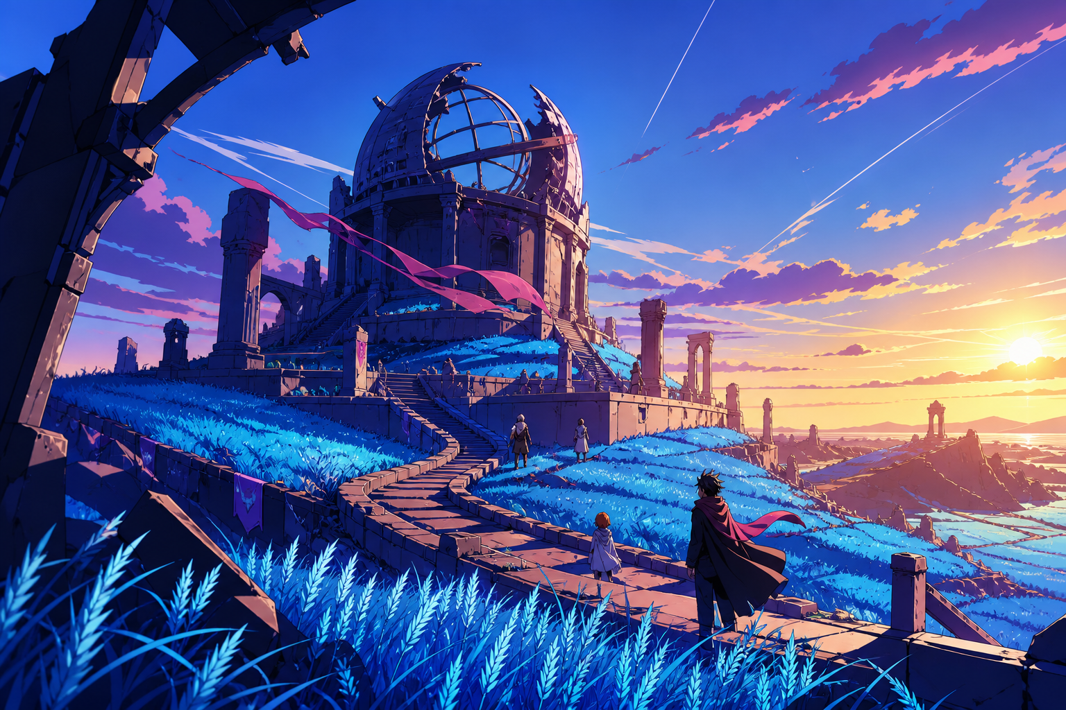 A ruined observatory surrounded by fields of luminous blue wheat, seen during the first morning after a century-long winter. Wide landscape composition with dramatic foreground framing. Saturated magenta, electric cyan, 