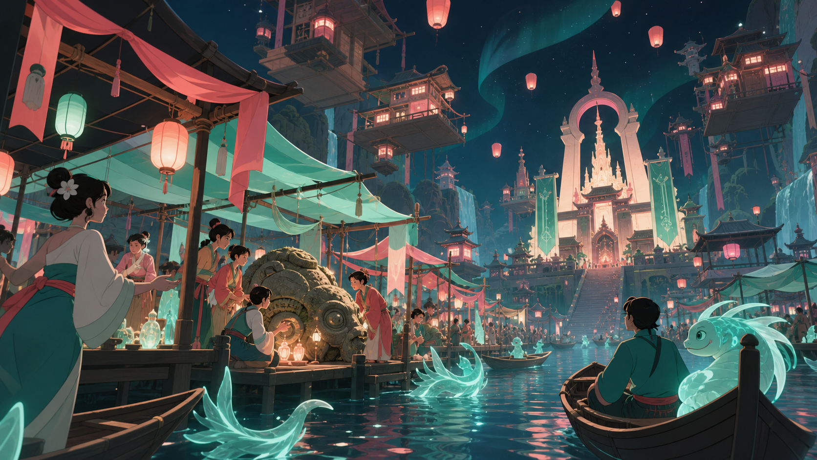 A floating village hosting a night festival for luminous river beings, when an archaeological discovery changes a living community. River-level panorama moving from market life toward a monumental temple. Celadon, coral 