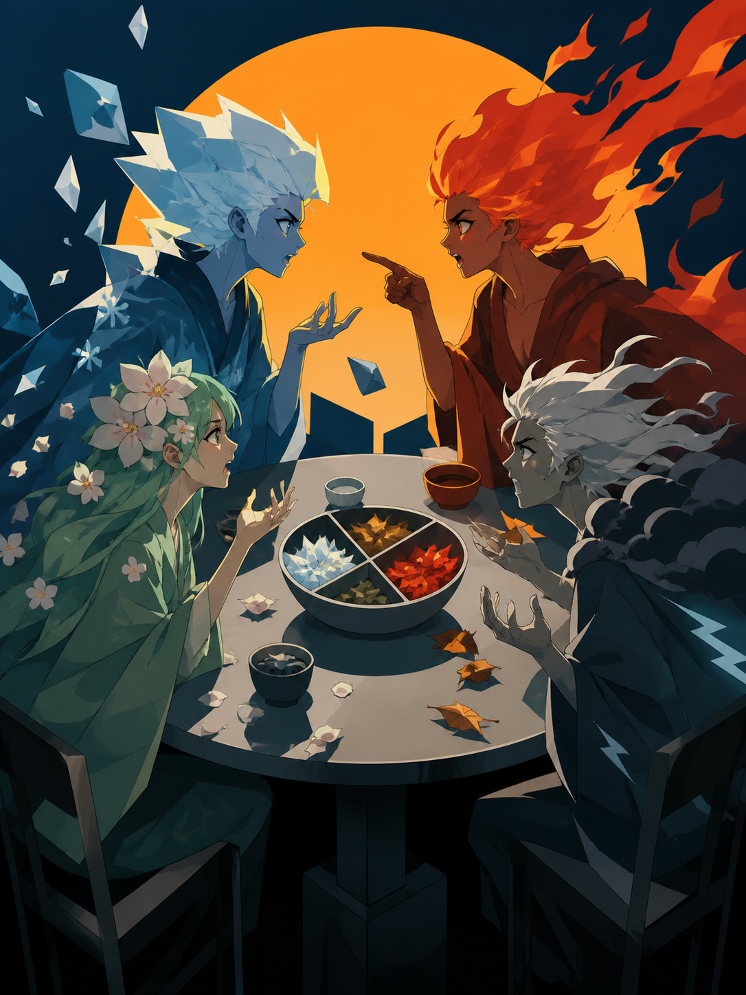 The four seasons arguing around a kitchen table through symbolic forms, balanced between abstraction and a clearly readable emotional idea. Carefully staged surreal tableau with a single unmistakable focal point. Petrol 