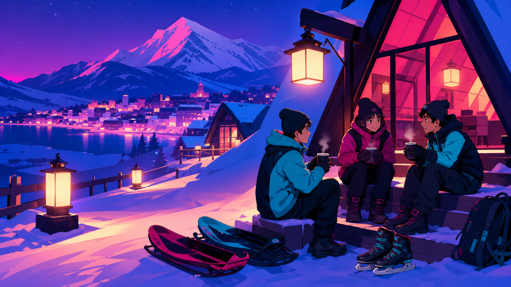 Young hikers sharing warm drinks beside a mountain shelter, after fresh snowfall simplifies the town into broad clean shapes. Cozy evening composition balancing outdoor play and warm buildings. Saturated magenta, electri