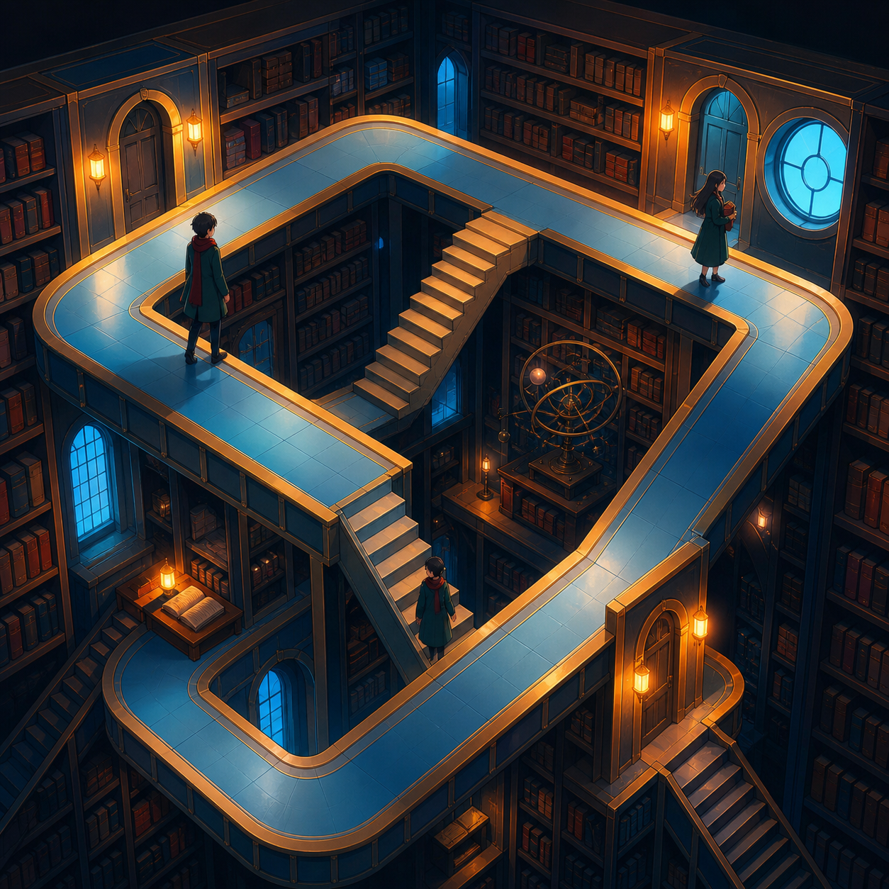 A library whose shelves form a walkable loop around the room, with the spatial paradox presented cleanly and immediately readable. Wide axonometric-like scene with multiple readable routes. Pine black, snow blue, cedar r