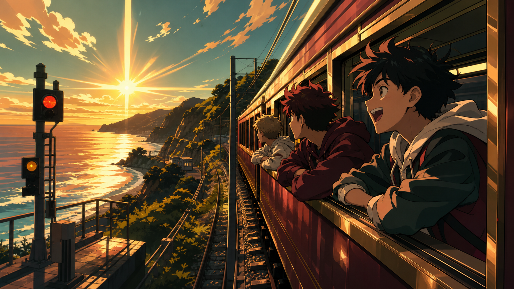 Teen friends taking their first independent trip to the sea, during a long golden evening with changing reflections on the windows. Exterior travel vista following the railway through varied terrain. Burgundy, midnight g