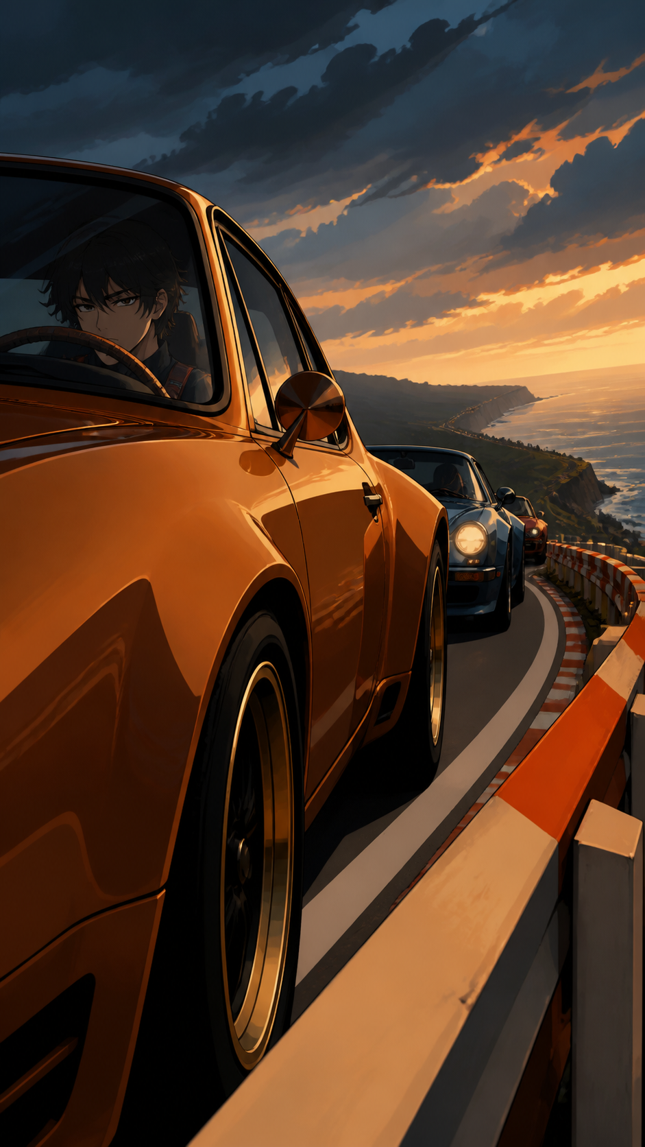 A quiet driver waiting at the start line inside a vivid retro sports car, on a winding coastal road under rapidly changing light. Low tracking angle beside the leading car through a strong curve. Amber, walnut brown, rai