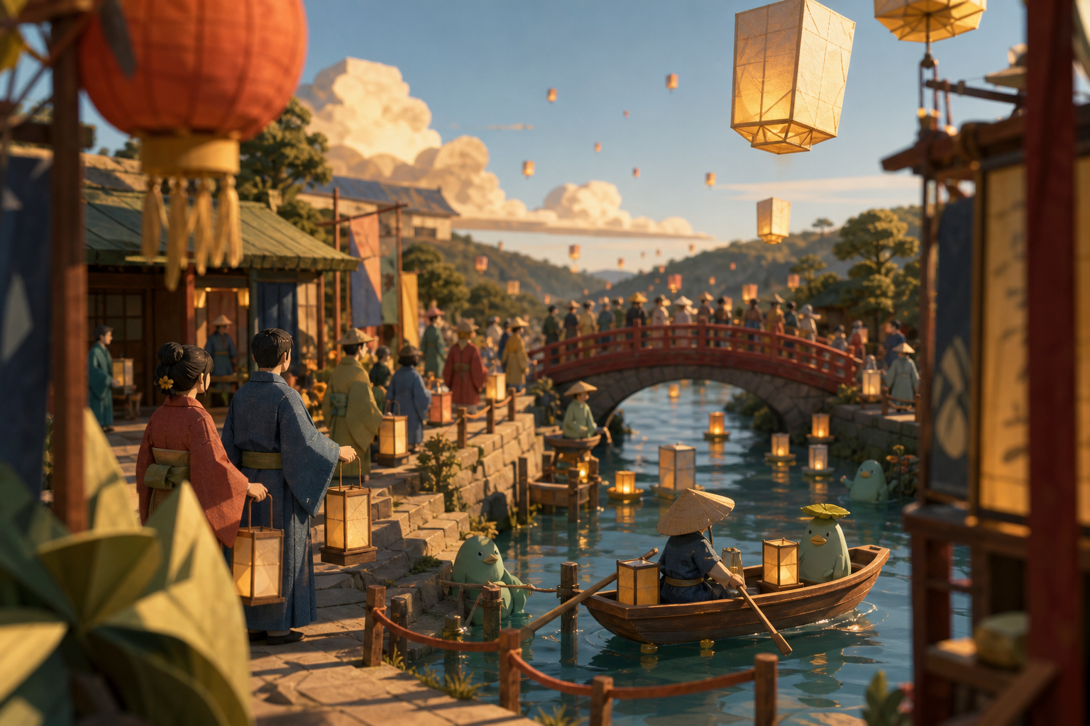 A river lantern festival attended by humans and shy water spirits, during the final hour when decorations begin drifting into the sky. Layered festival tableau framed by decorations close to the viewer. Clay red, sage, f