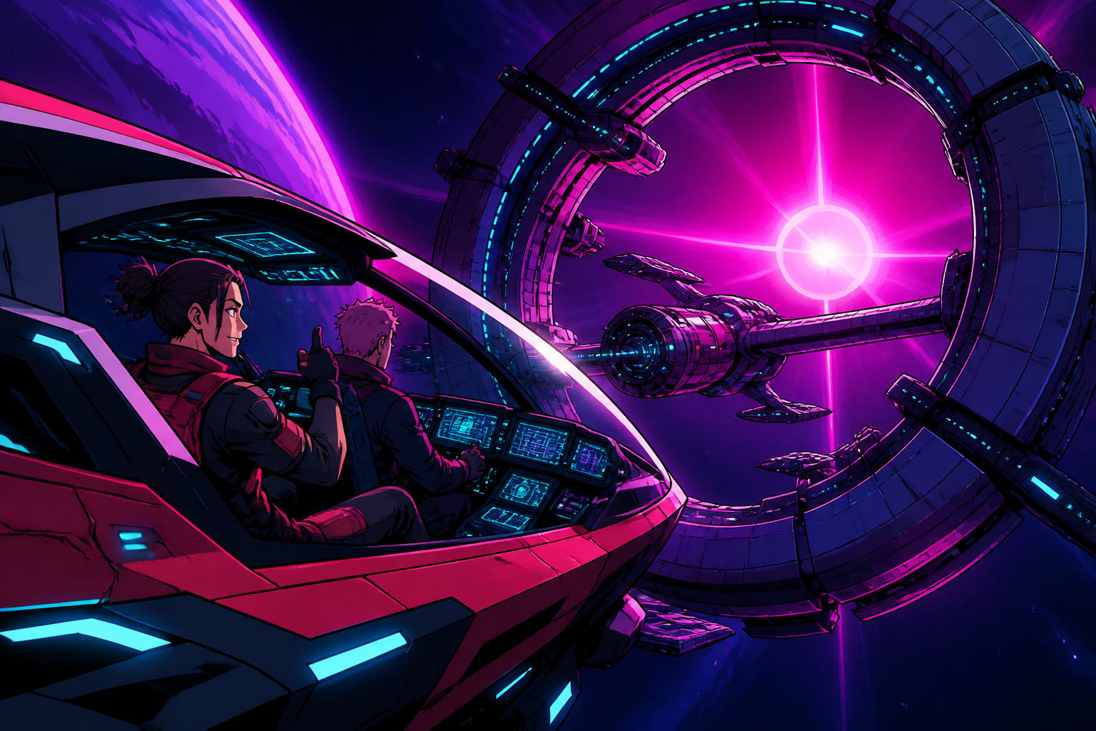 An adult salvage pilot docking with a silent ring-shaped station, at the threshold between routine procedure and genuine discovery. Expansive orbital composition anchored by one clearly readable vehicle. Saturated magent