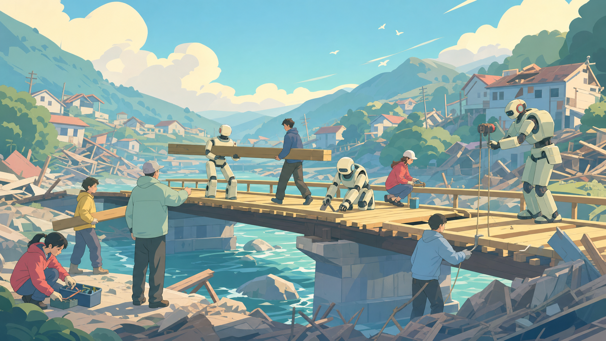 A team of service robots rebuilding a neighborhood footbridge after a storm, with ordinary people contributing through distinct useful tasks. Human-scale teamwork frame surrounded by the larger affected environment. Soft