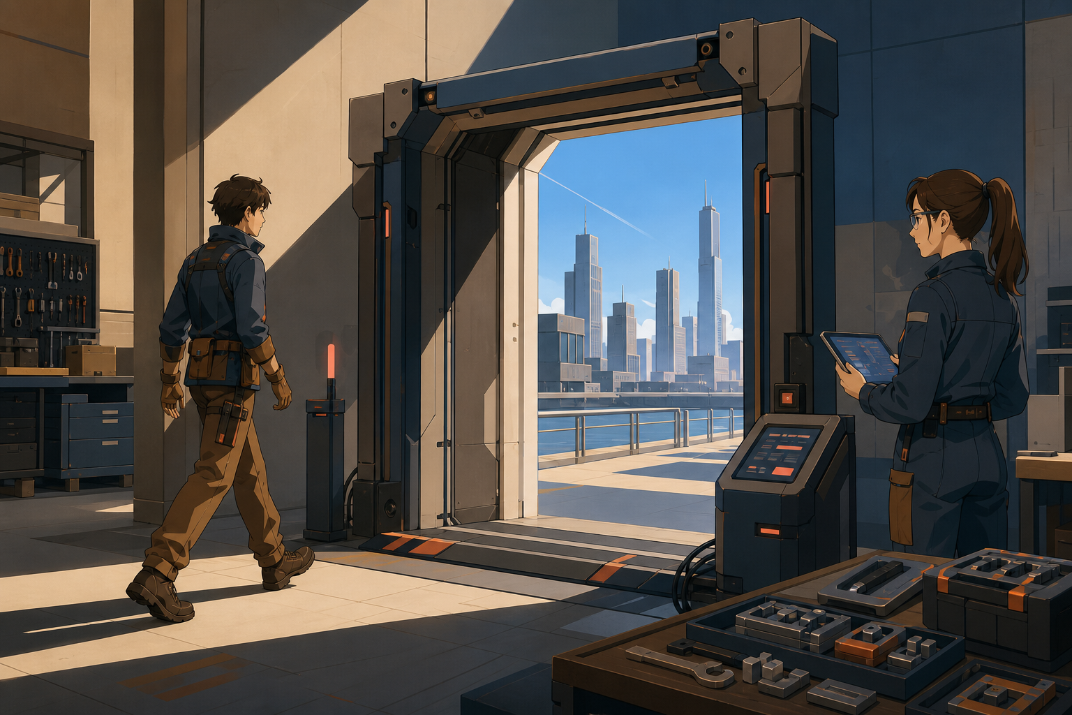 Two engineers testing a doorway that shortens inconvenient distances, amid organized work rather than chaotic invention spectacle. Side-on testing composition showing input, machine, and outcome clearly. Amber, walnut br