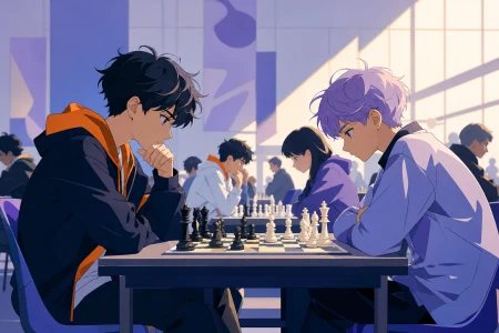 Young chess players facing one another inside a busy community hall, during a fair supervised competition centered on skill and friendship. Side-on sports frame preserving accurate