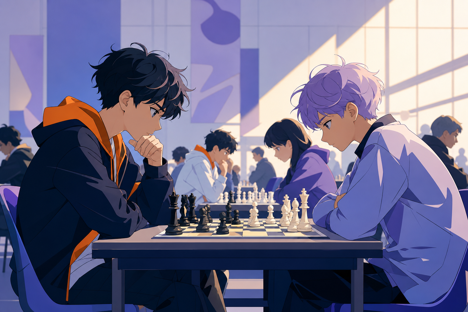 Young chess players facing one another inside a busy community hall, during a fair supervised competition centered on skill and friendship. Side-on sports frame preserving accurate body mechanics. Pale lavender, icy blue