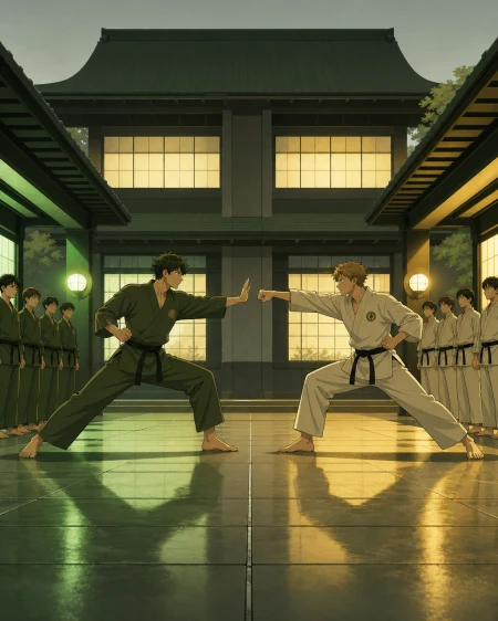 Two rival dojo teams meeting for a disciplined exhibition match, at the clearest instant before a controlled strike lands. Symmetrical pre-duel composition broken by one sudden ges