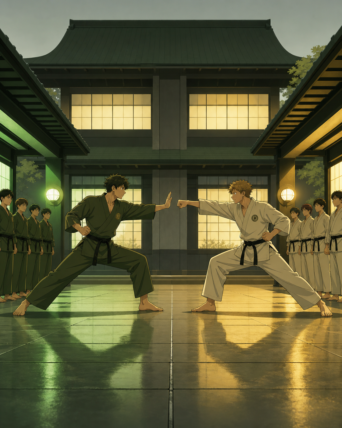 Two rival dojo teams meeting for a disciplined exhibition match, at the clearest instant before a controlled strike lands. Symmetrical pre-duel composition broken by one sudden gesture. Moss green, slate gray, mushroom c