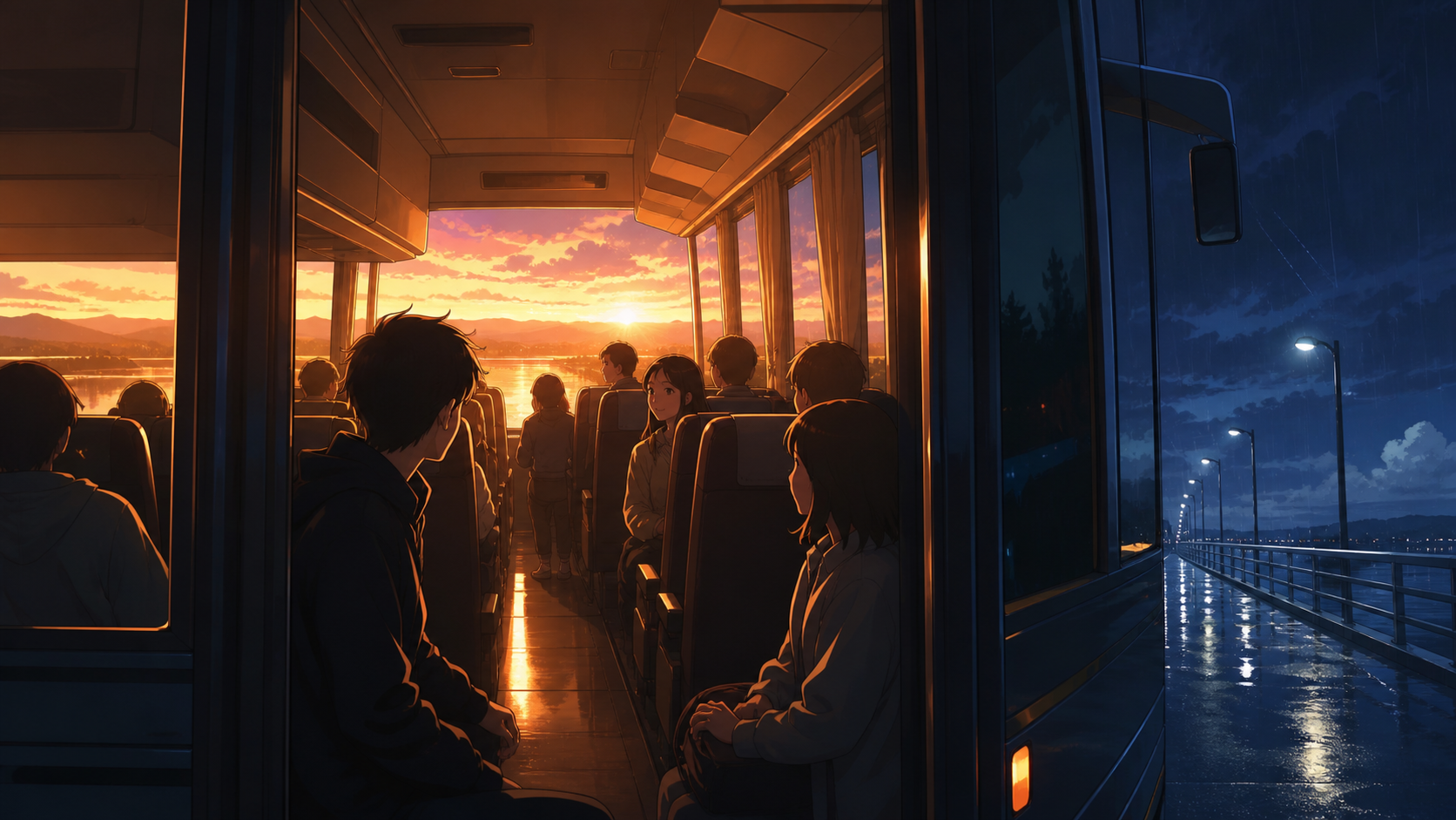 An overnight bus crossing a bridge that briefly passes through another season, when one shared observation changes the atmosphere among the passengers. Platform view framing an intimate moment through open vehicle doors.