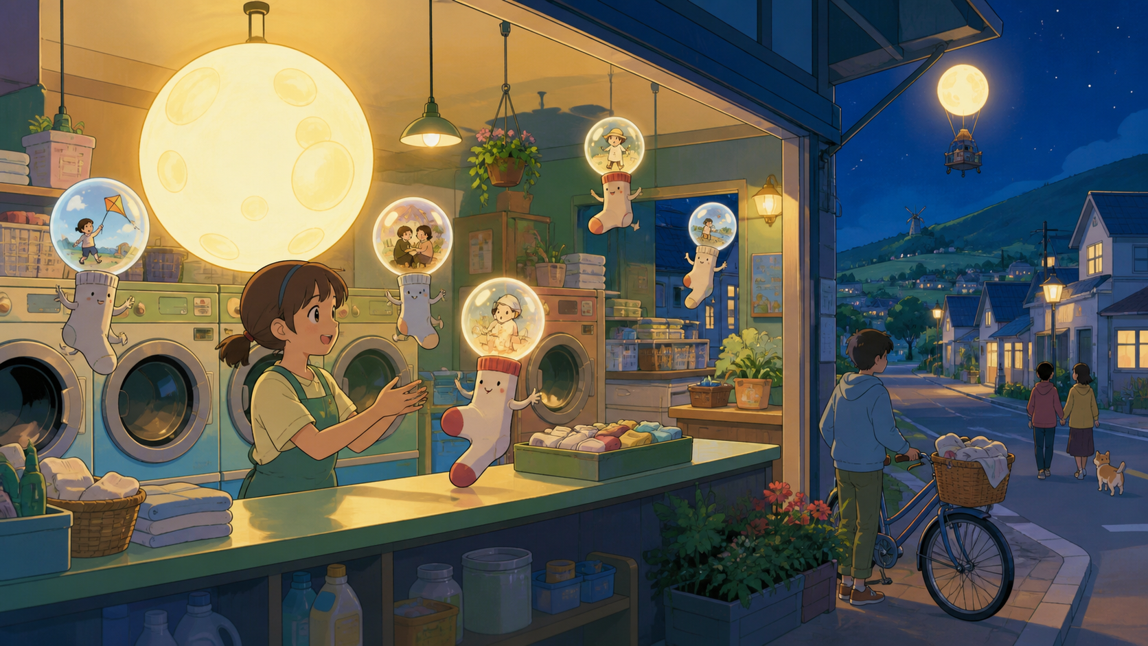An all-night laundromat where misplaced socks return carrying forgotten memories, during a minor complication solved through practical skill rather than spectacle. Wide neighborhood view connecting the shop interior to a