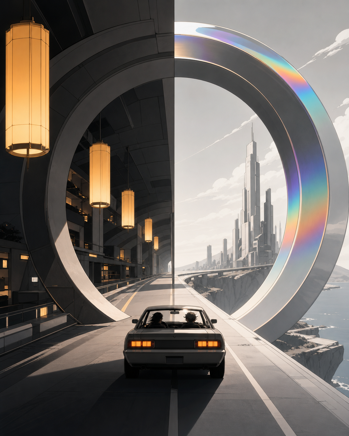 A road trip continuing across the inside and outside of a giant ring, in a clean composition where the transformation is unmistakable. Symmetrical frame contrasting two realities through a central boundary. Monochrome gr