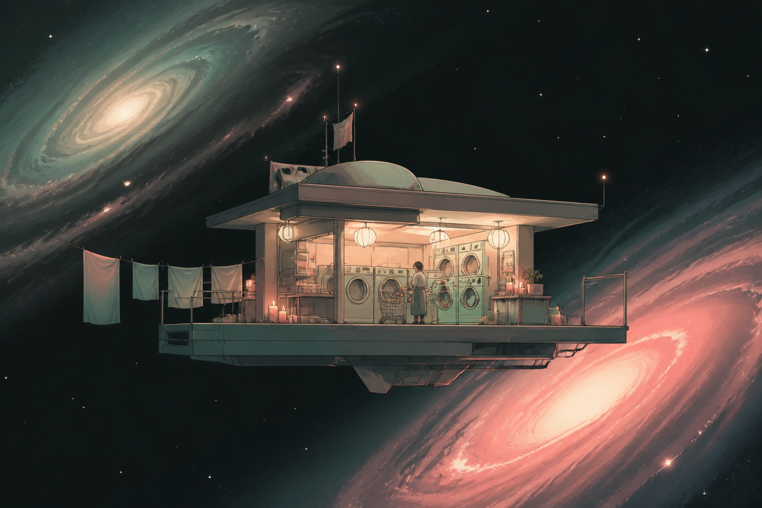 A quiet laundromat orbiting alone between two galaxies, captured as a poetic visual moment rather than scientific documentation. Expansive widescreen composition with strong negative space. Celadon, coral pink, ink black