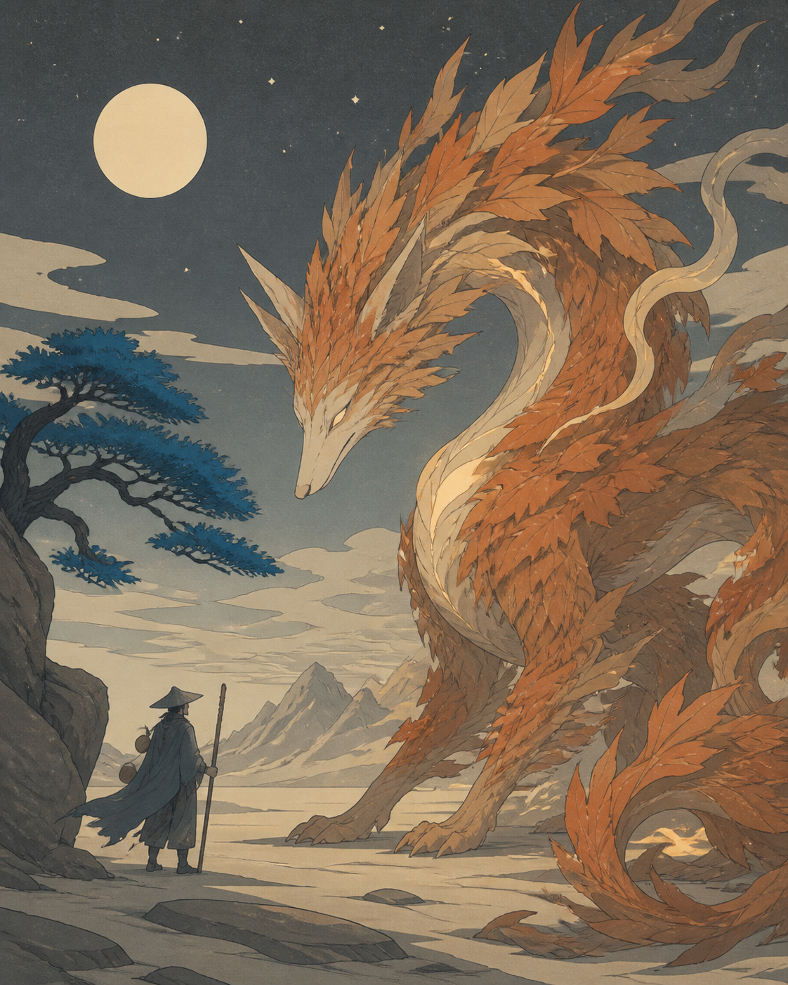 A fox-dragon made from autumn leaves and ember-like light, meeting a lone traveler without hostility for the first time. Majestic full-body creature composition with environmental scale cues. Soft monochrome with a singl