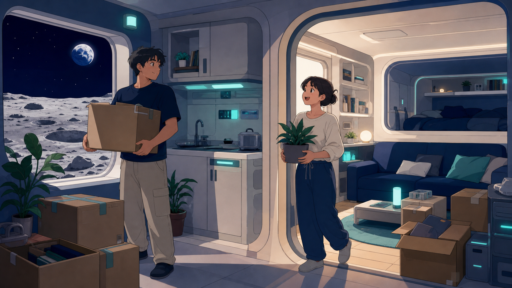 An adult couple moving household belongings into a tiny apartment on the moon, while distant space remains a quiet backdrop rather than the main event. Observational domestic scene composed through connected compact room