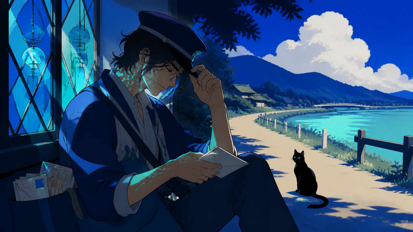 A river deity disguised as a tired rural mail carrier, sharing an unexpectedly ordinary moment beside a country road. Storybook narrative scene with a clear beginning and implied aftermath. Ultramarine, bioluminescent tu