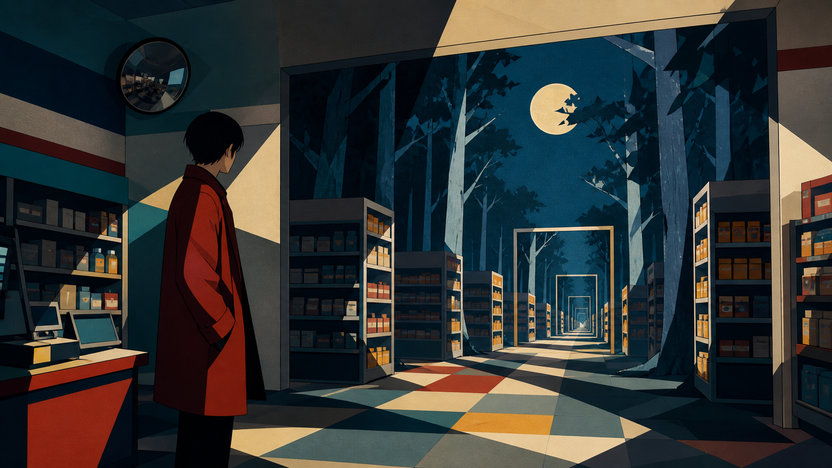 A late-night convenience store whose aisles extend into a moonlit forest, quiet and beautiful enough to invite curiosity despite the unease. Suspenseful deep-perspective composition with the threat implied rather than ce