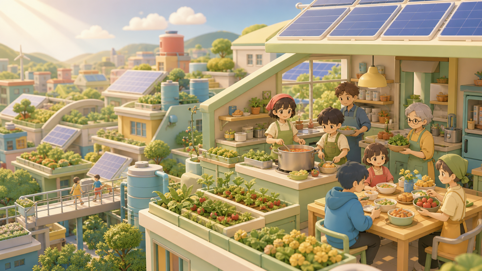 A community kitchen preparing a meal from rooftop gardens, at the completion of a small project that visibly improves daily life. Elevated neighborhood view showing connected sustainable systems. Soft pistachio, butter y