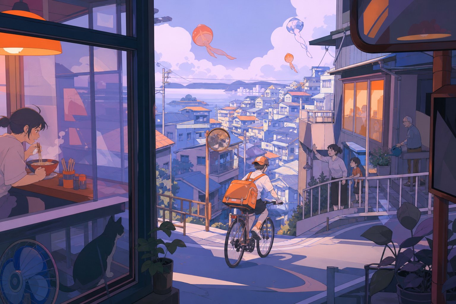 A bicycle courier delivering hot noodles through a steep hillside city, during a humid summer evening alive with ordinary neighborhood activity. Cinematic wide shot composed through windows, signs without readable text, 