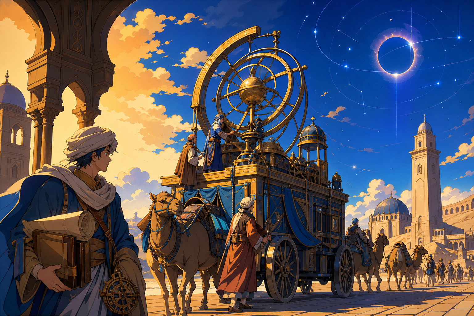 A desert caravan of scholars carrying a mobile brass observatory, grounded in convincing period materials with one restrained supernatural event. Wide narrative composition with period architecture guiding the eye. Amber