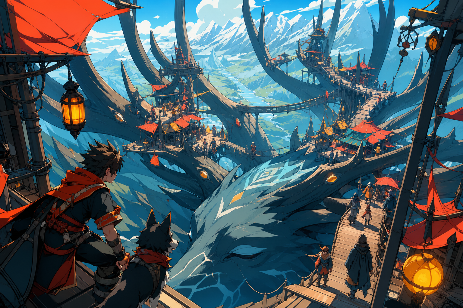 A moonlit market built across the antlers of a sleeping forest god, seen during the first morning after a century-long winter. Wide landscape composition with dramatic foreground framing. Petrol blue, oxide red, industri