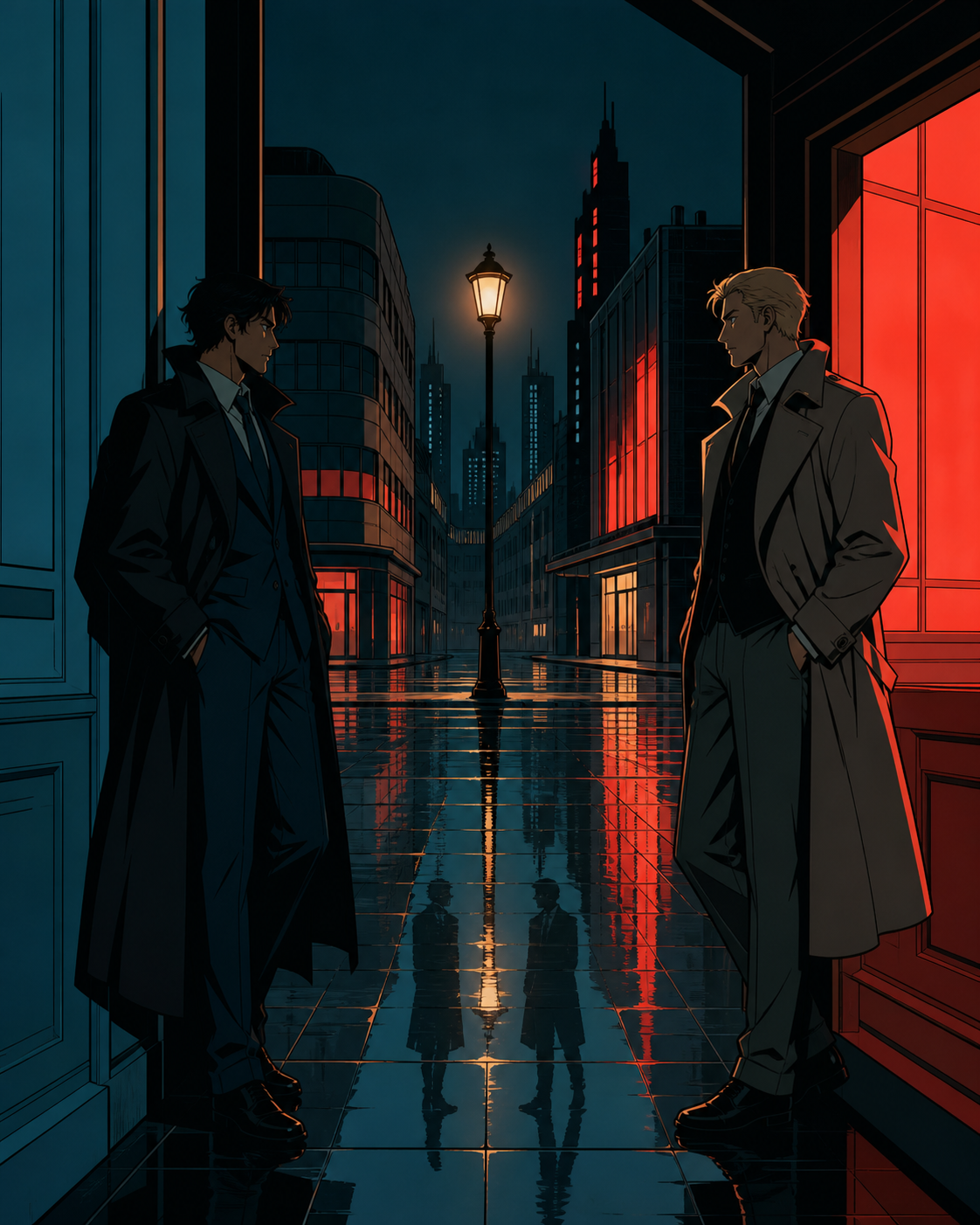 Two rival investigators meeting beneath the last working streetlamp, during a rain-heavy night with no obvious culprit in sight. Cinematic noir frame using doorways and reflected figures to layer the mystery. Petrol blue
