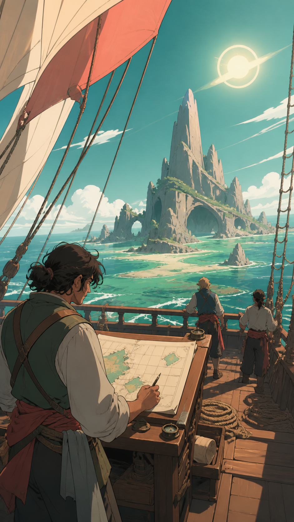 An adult cartographer mapping an island that changes shape with each tide, during a clear day when the route becomes unexpectedly unfamiliar. Deck-level frame looking past the crew toward an approaching landmark. Sea-gla
