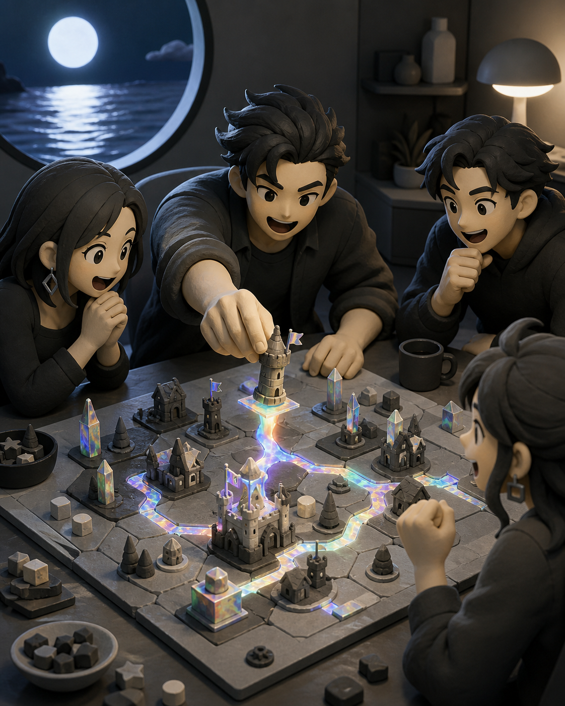 Adult friends playing a strategy board game whose pieces build a tiny moving kingdom, in a relaxed social setting with several connected small moments. Overhead-leaning social composition centered on one decisive move. M