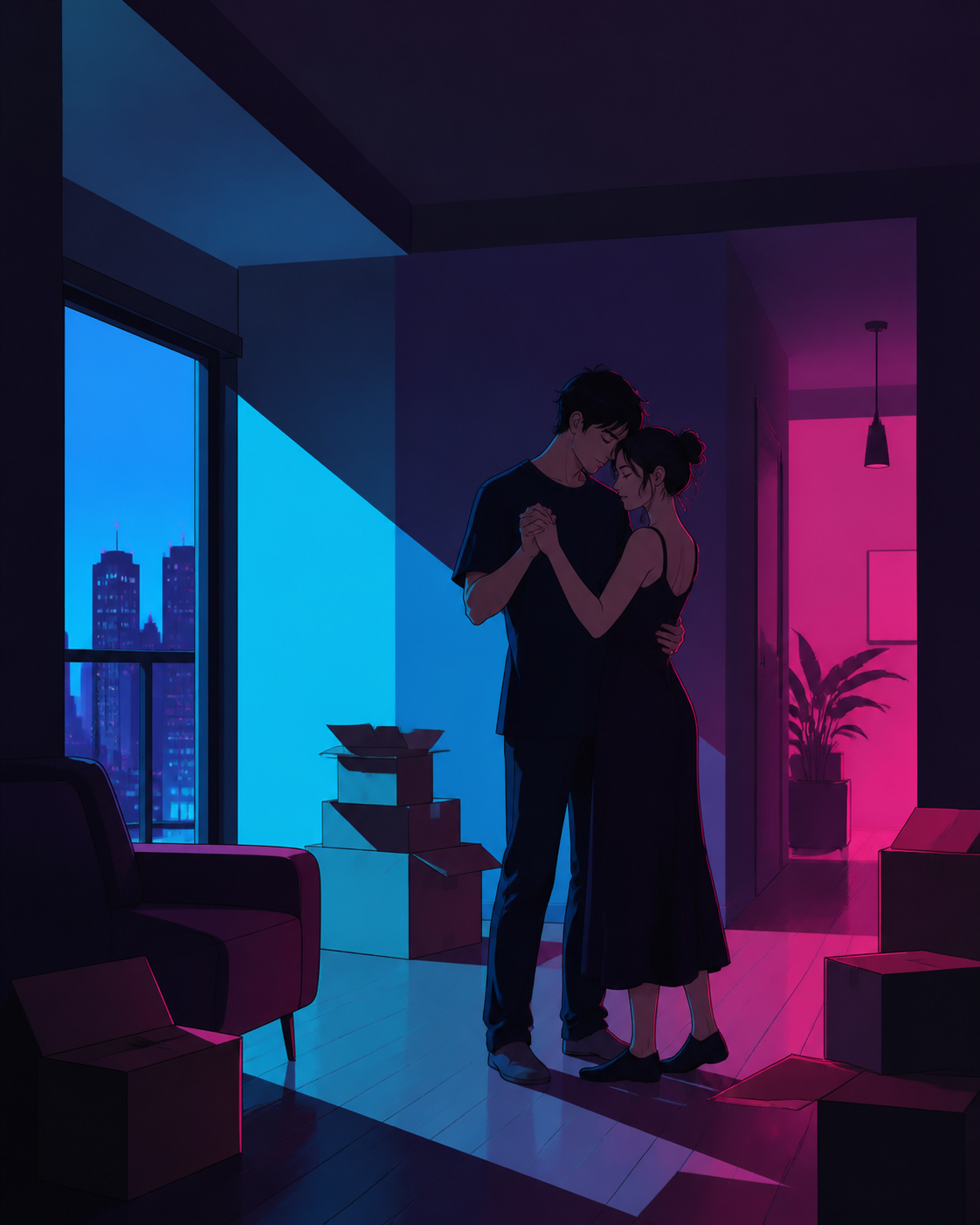 An adult couple slow-dancing while packing an almost-empty apartment, captured through a small gesture rather than an exaggerated embrace. Cinematic two-person frame using architecture and negative space to express the r